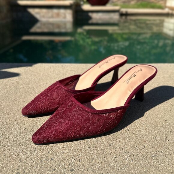 New Burgundy Wine Lace Mesh Pointed Toe Slide Mules Sandals Kitten Stiletto Heel - Picture 2 of 6